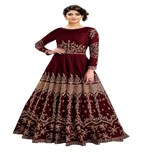 Women’s Embroidery Colour Maroon Semi Stitched Gown – Bishwa Bazaar