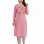 Sanganeri Kurti Womens Cotton Embroidred Kurta With Printed Pant Set (Pink-M)